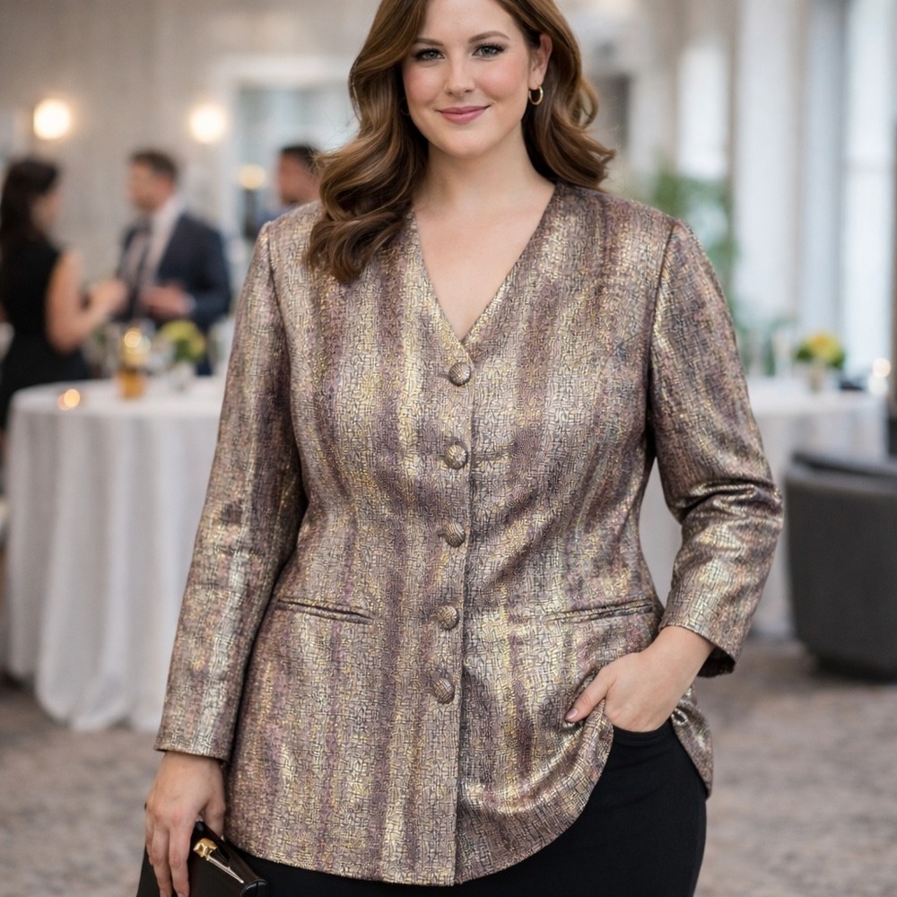 Terramina Womens Jacket Plus 14W Purple Metallic Shimmer‎ Long Statement Suit